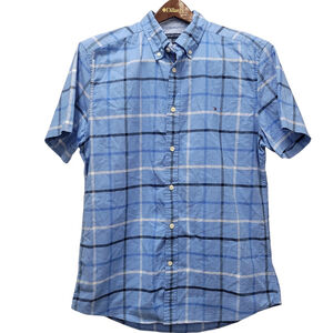 Tommy Hilfiger Men's Stretch Slim Fit Blue Plaid Button-Up Shirt Excellent Cond.